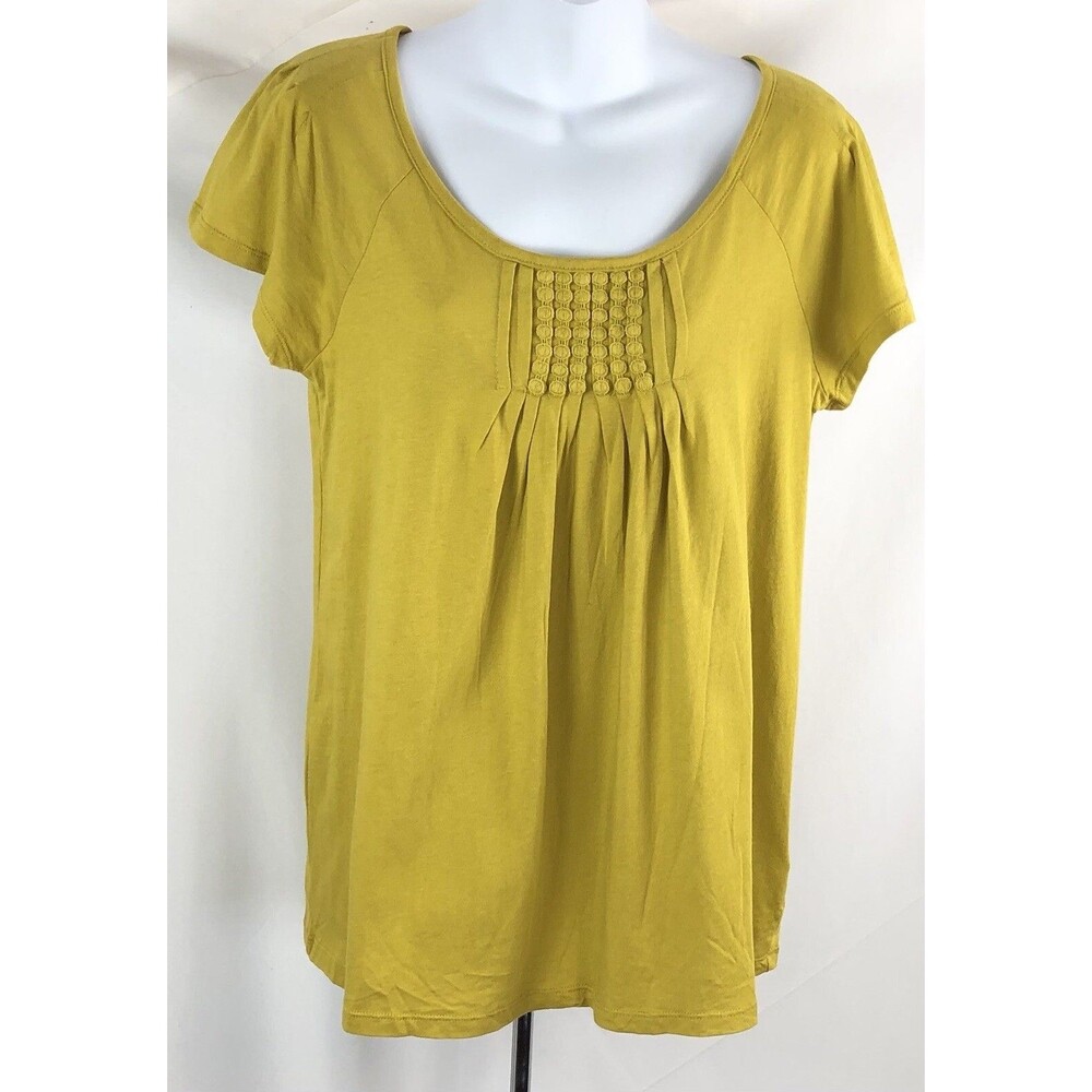 Classic Elements Baby Doll Top S Chartreuse pleated Appliqué Trim Short Sleeve